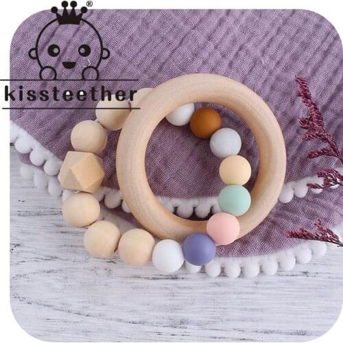 Kissteether BPA Free Wooden Ring Baby Teether Rainbow Silicone Beads Teether Bracelets Newborn Teething Toys Rodent Molar Toys