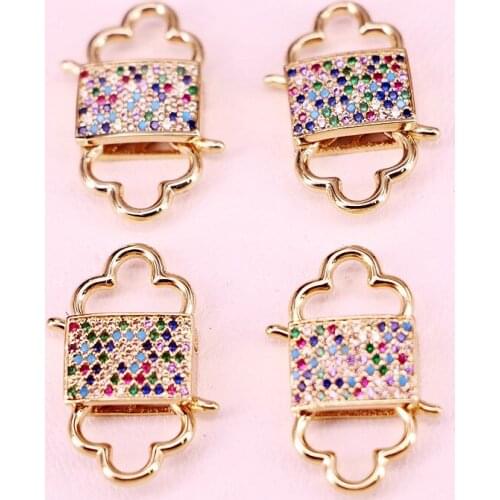 6PCS, Gold Color Colorful CZ Zirconia Paved Clasp Component Metal Lock Shape Jewelry Findings