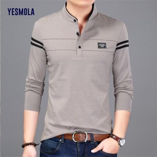 YESMOLA Men Long Sleeve Spring Autumn Solid Tshirt Mens Clothing Mandarin Collar T-shirts Tops Polo T Shirt for Men
