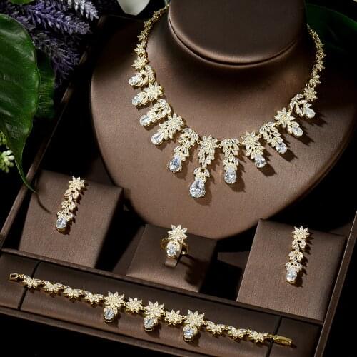 HIBRIDE Fashion Gold Color CZ Stone Earring Necklace Set Brilliant Long Drop Wedding Bridal Dress Jewelry Set for Women N-1479