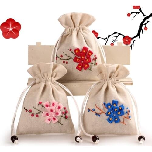 1pc (11*15cm) 5 Colors Printed Embroidery Drawstring Burlap Gift Bag Wedding Birthday Party Gift Jewelry Packaging Supplies Bags