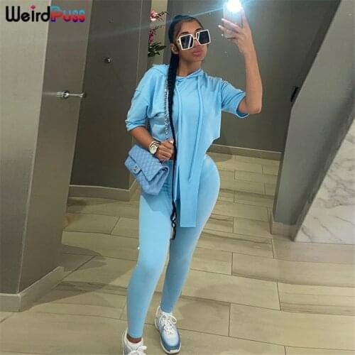 Weird Puss Fashion Women 2 Piece Set Fitness Casual Hoodie Long t-Shirt+Body Shaping Leggings Stretchy Activity Matching Outfits