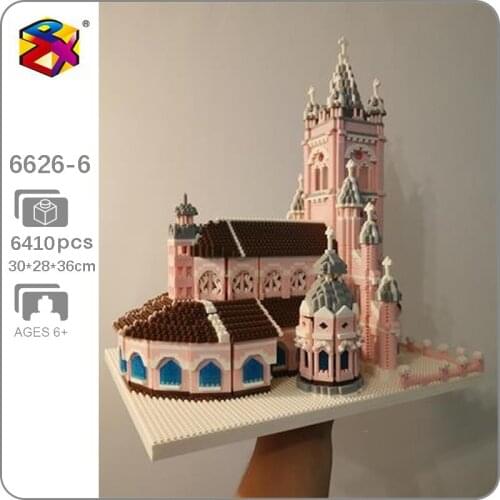 PZX 6626-6 World Architecture Pink Sacred Heart Church 3D Model DIY Mini Diamond Blocks Bricks Building Toy for Children no Box