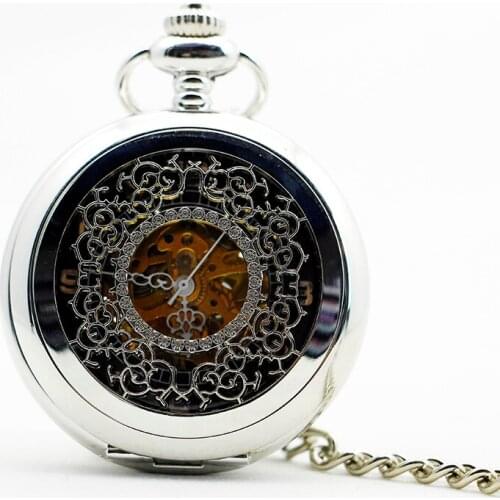 Fashion Classic Hand-Wind Mechanical Pocket Watch silver 30 cm Pocket Chain Old Fashion Pendant Clock Gift for Men Women