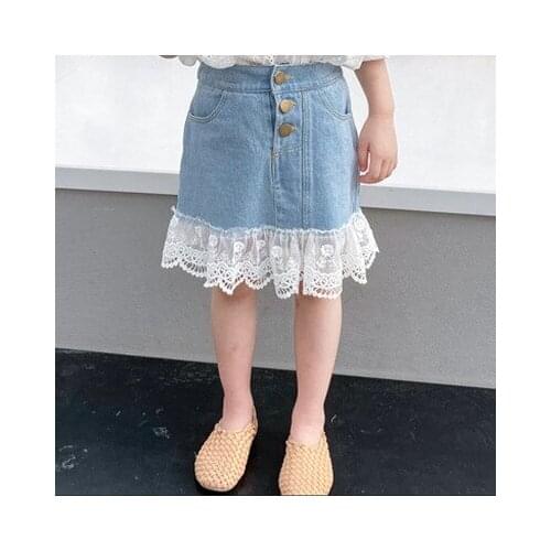 2-7 years old childrens clothing summer new girl baby sweet and cute solid color lace stitching washed denim A word