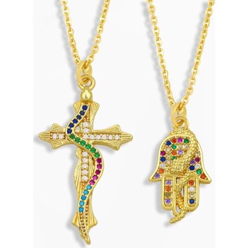 FLOLA Multicolor Snake Cross Necklace For Women CZ Pave Rhinestone Hamsa Fatima Hand Pendant Necklace Gold Plated Jewelry nkeu09
