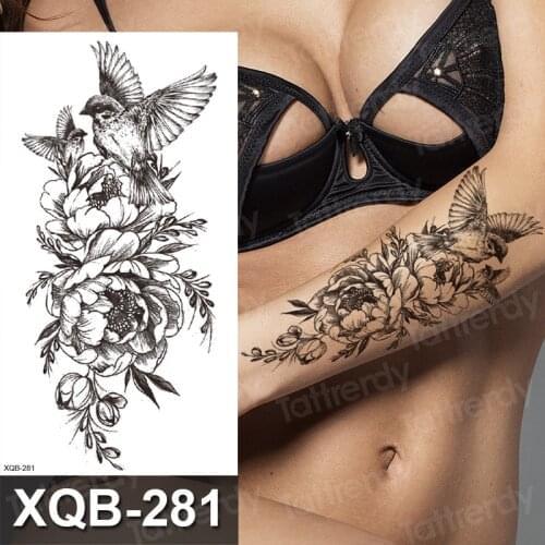 Peony Rose Flower Tattoo Sticker Bird Snake Black Henna Tattoo Paste Fake Waterproof Temporary Tatoo for Women Girls Arm Sleeve