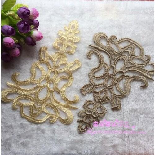 Hot Sale 2 Pieces Free Shipping Large Lace Patches Trimmings DIY Crafts 23*17cm Gold Flower Embroidery Neckline Lace Applique