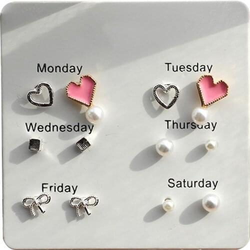 6Prs/Set Heart Feather Snowflake Circle Ear Stud Earring Geometry Leaves Flower Pearl Statement Earrings Women