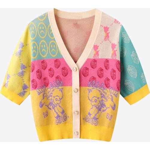 Womena Sweather Cardigan Crop Top Sweet Fuzzy Print V-neck Short Sleeve Single Breasted Chic Knitwear Top Button Up cardigan Top
