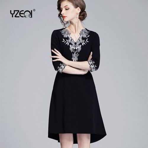 Yzeqi New Spring Women Embroidery Dress Fathion Female Party Dresses Black Robe Feminino Vestidos Elegant Slim Lady Dress 2020