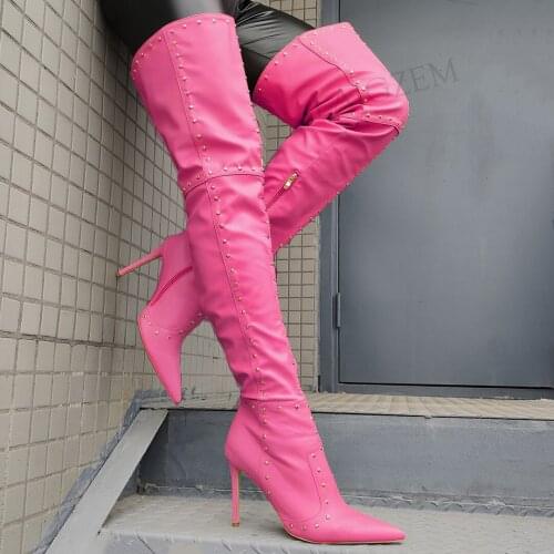 LAIGZEM Women Thigh High Boots Studded Stiletto Heeled Over Knee Boots Faux Leather Party Botas Mujer Shoes Woman Big Size 44 46