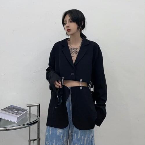Spring and Autumn Women Black Blazers Chain Splicing Thin Fake 2 Pieces Blazer Feminino Ins Fashion Trend Loose Street Tops