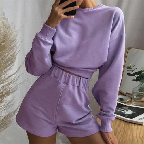 Summer Casual Tracksuit Women 2 Pieces Sets Solid Long Sleeve Sweatshirt Womens Suit 2021 Trend Spring New Ladies Shorts Suit