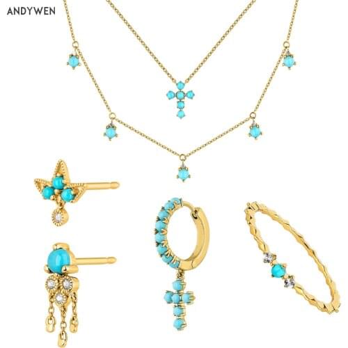 ANDYWEN 925 Sterling Silver Gold Turquoise Cross Choker Earring Ring Chain Necklace Jewelry Set Women Fine Jewelry Crystal CZ