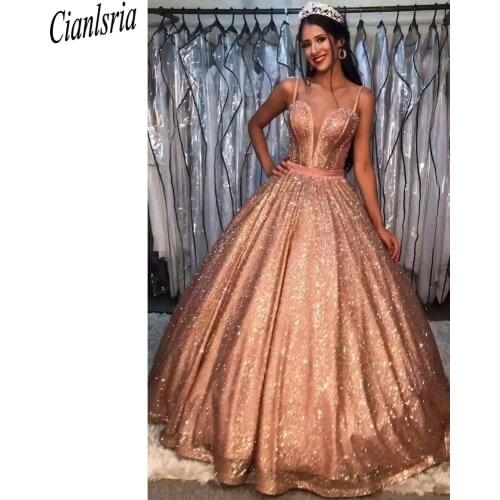 2021 Sexy Spaghetti Straps Sparkle Prom Dresses Long V-neck A-line Floor-length Sequined Women Formal Gowns For Evening Party