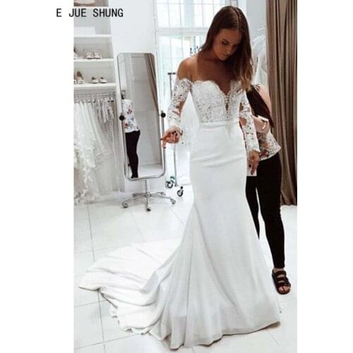 E JUE SHUNG Simple Satin Mermaid Wedding Dresses Sheer O-Neck Long Sleeves Bridal Wedding Gowns Lace Up Back vestido de noiva