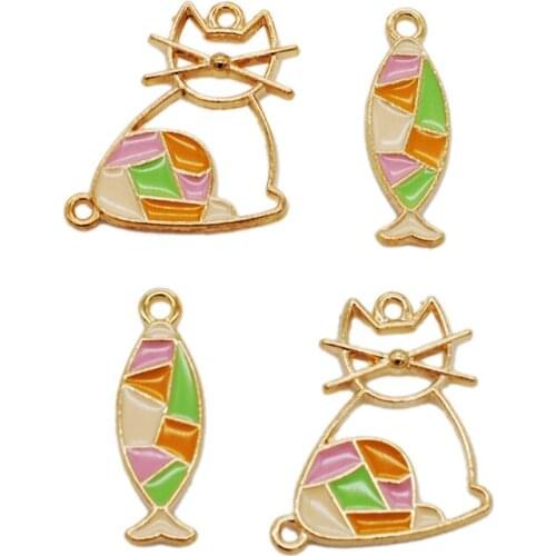 30pcs/lot Colorful Splicing Cat Fish Gold Color Tone Enamel Charm Fashion Earring Bracelet Keychain Jewelry Accessories Pendant