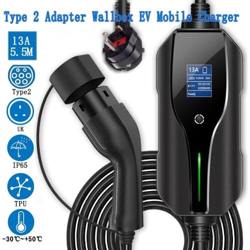 EV Car Charger IEC 62196-2 Type 2 13Amp Portable EVSE Adjustable Home 5.5m Charging Cable with UK Plug