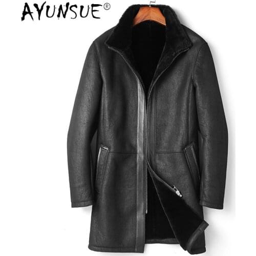 AYUNSUE Winter Warm Real Fur Coats Mens Clothes Natural Wool Sheepskin Coat Men Black Outerwear Casual Casaco Masculino SQQ318