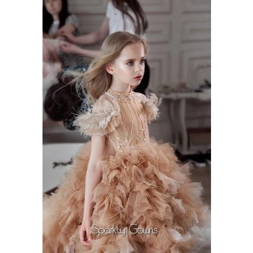 Luxury Feather Ball Gown Flower Girl Dresses For Wedding Beaded Lace Tiered Ruffles Toddler Girls Pageant Dress Kids Formal Wear