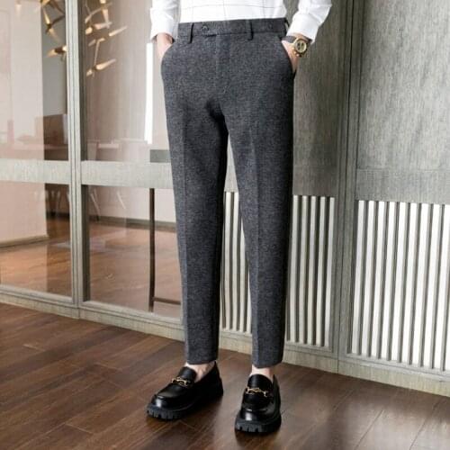 Autumn Winter Woolen Business Dress Pant Men 2021 Solid Color Casual Slim Wedding Office Social Suit Pants Streetwear Trousers