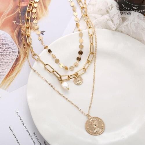 New Sweater Chain Creative Retro Three Pearls Human Head Crescent Pendant Clavicular Chain Necklace Sweater Chain Female