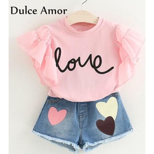 Dulce Amor Girls Clothes Set 2018 Summer Puff Sleeve Print Love T Shirt +Love Heart Denim Shorts 2Pcs Suit For Kids Clothing