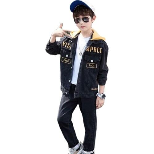 Spring & Autumn Cowboy Boy Sets New 2021 Korean Version Fashion Denim Two-Piece Handsome Casual Printing Childrens Clothing