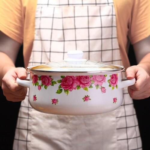 Flower porcelain enamel pan large capacity glass cover soup pot induction cooker gas general household stew hot pot saucepan