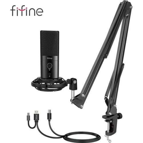 FIFINE USB C&A Gaming Streaming Microphone Kit for PC Computer, Arm Stand Mute Button&Gain,Studio Mic for Podcast Recording-T683