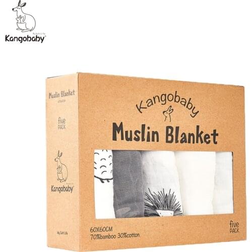Kangobaby 60x60cm Multi-use Bamboo Cotton Muslin Blanket Wrap Feeding Burp Cloth Set Scarf 5pcs Pack