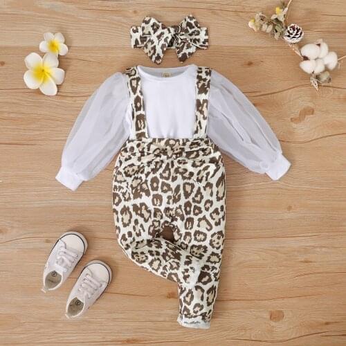 3pcs Autumn Toddler Baby Girl Clothes Set Leopard Outfit Mesh Puff Sleeve Pullovers Tops+Suspender Pants+Headband Outfit