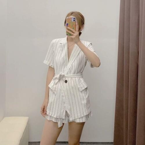 2 piece set women new style vertical stripe printed waist tie suit jacket + high waist with casual shorts two-piece suit