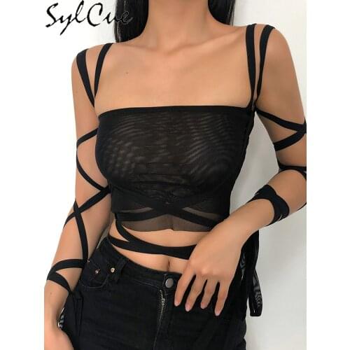 Sylcue Summer unique design sense abstinence ties girl-tie slim small sling belt girl-joker female crop top see-through vest