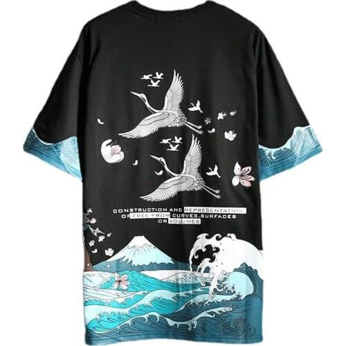 Summer Fashion Printed T-shirt Ethnic Style Crane HAILANG Printed Half Sleeve Tees Japanese Loose round neck Mens Graphic Tops