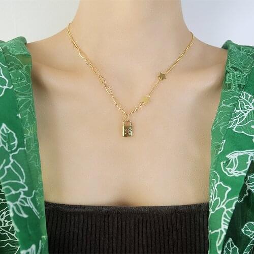 Cyue Fashion Gold Stainless Steel Necklace Chain Five-pointed star stitching steel lock Pendant Charm For Girl Women Jewelry