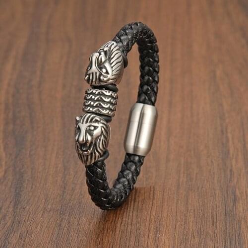 TeHao Fashion Men 316l Stainless Steel King of Lion Animal Bracelets Genuine Braided Leather Bracelet & Bangle With Magnet Clasp