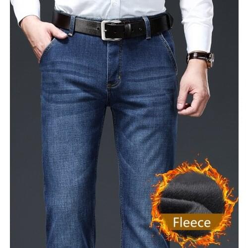 Men Fleece Jeans Business Casual Stretch Straight Leg Plus Velvet Thick Denim Trousers Male Regular Fit Winter Brand Warm Pants