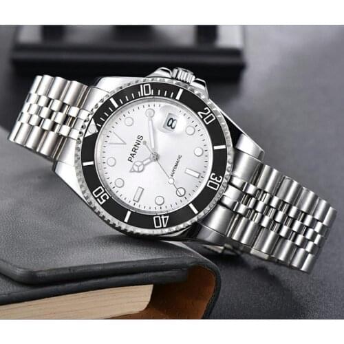 40mm PARNIS Sapphire Crystal 21 jewels Automatic machinery movement luminous mens watches black ceramic bezel GR125-20