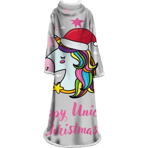 X-mas Printed New Warm Blanket with Sleeve Adults Kids Carton Unicon Sherpa Fleece Wearable Throw Blanket Winter Blankets Gown