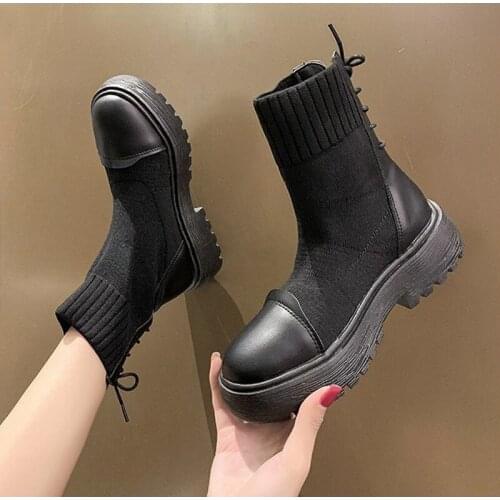 Autumn Boots Knitted Women Casual Socks Shoes Lace Up Platform Thick Heels Female Ankle Boots Vogue Ladies Footwear Nice New