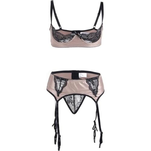 Open Bra Thong Garter Lace Backless Dessous Lenceria Floral Sexy Women Exotic Apparel Faux Leather Lingerie Panties Set RS80313