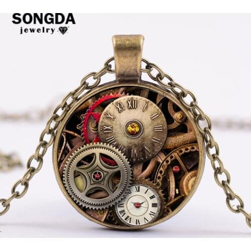 SONGDA Steampunk Retro Clock Printed Pendant Necklace Bronze Plated Punk Chain Art Pattern Glass Dome Necklace Jewelry Wholesale