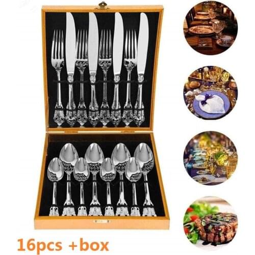 16pcs Luxury Silverware Dinnerware set Silver Plated Wedding Cutlery Stainless steel Dinner set Retro Tableware Christmas Party