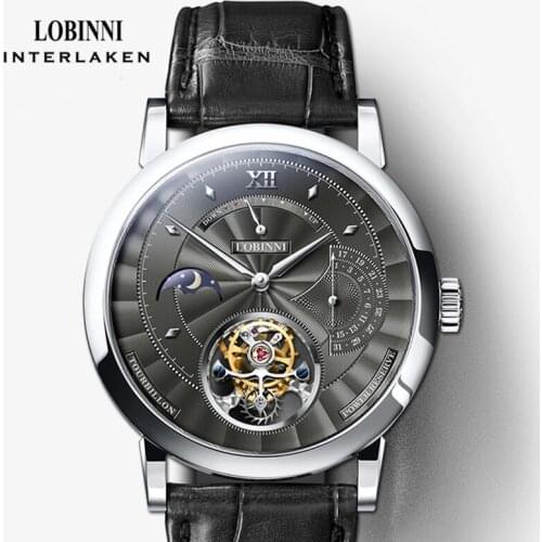 LOBINNI Luxury Men Mechanical Watch Real Tourbillon Men Watch Sapphire Glass Moon Phase Date Multifunctional Watch