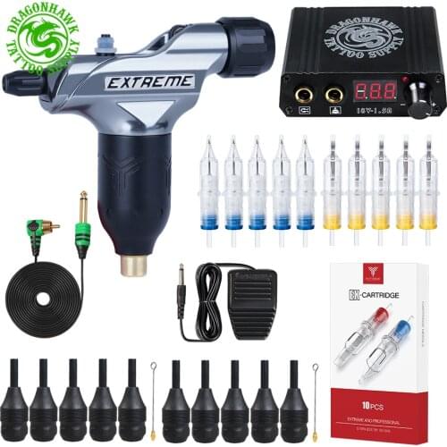 Adjustable Soft and Hard Tattoo Rotary Machine RCA Cord Tattoo Guns with LCD Power Supply Makeup Cartridges Needles Tattoo Kit