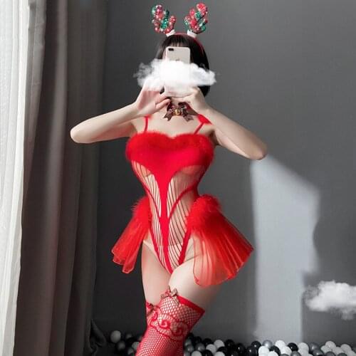 Sexy Fishnet Bodysuit For Women Christmas Red Bodystocking Set Cosplay Costumes Hollow out Outfit Erotic Lingerie With Stocking