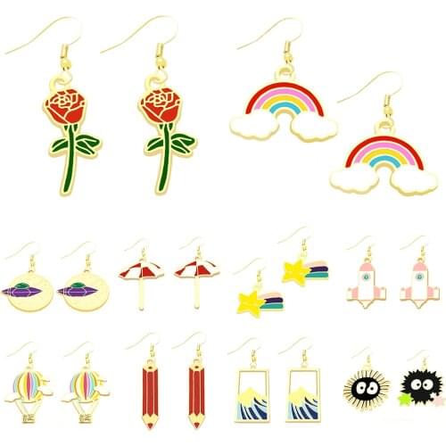 Earrings For Women Fashion Drop Earrings Colorful Rose Flower UFO Rainbow Stars Simple Cool Cute Jewelry Girls Gift