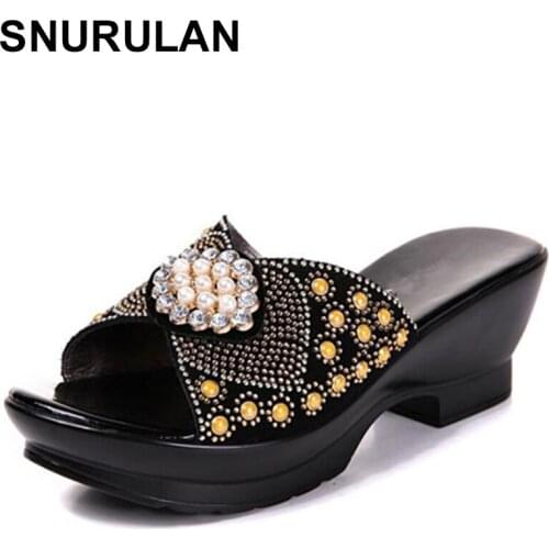 SNURULAN 2020 summer women fashion sandals thick heel SURFACE soft FEMAL slippers rhinestones women slippers big size 35-42